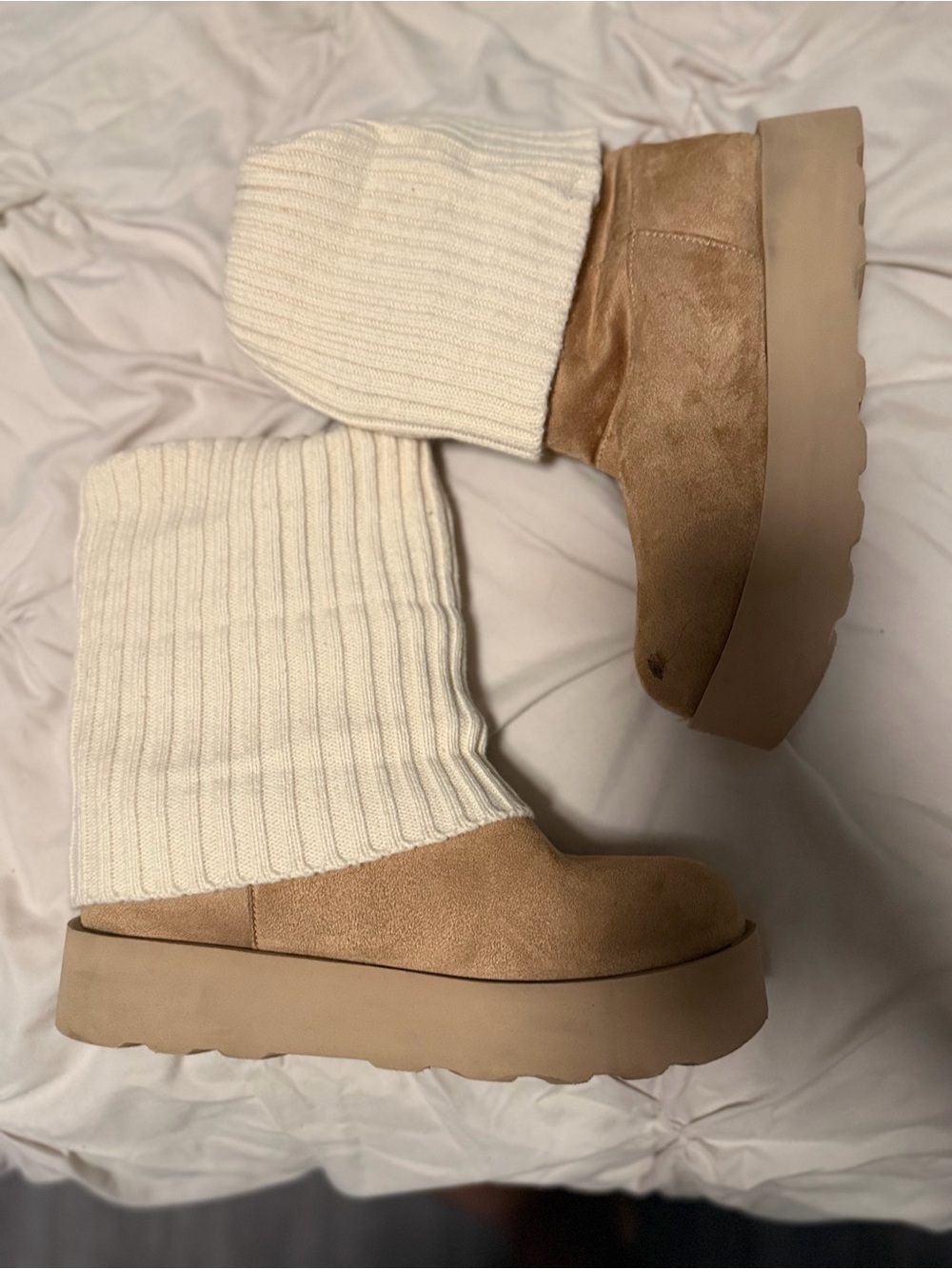 Women's Cream Knit & Tan Suede Platform Heeled Boots